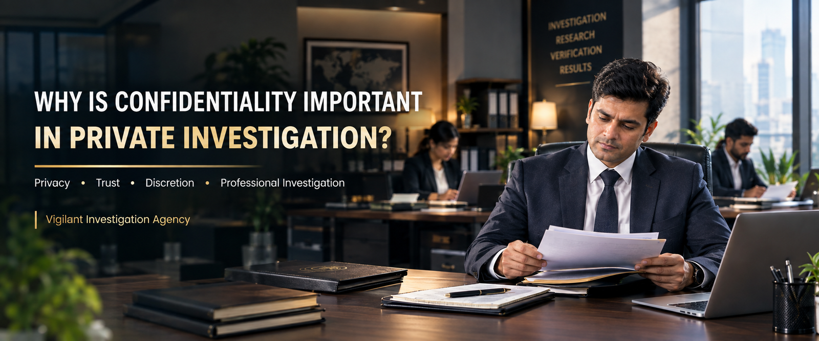 Professional private investigator reviewing confidential case files in a modern office