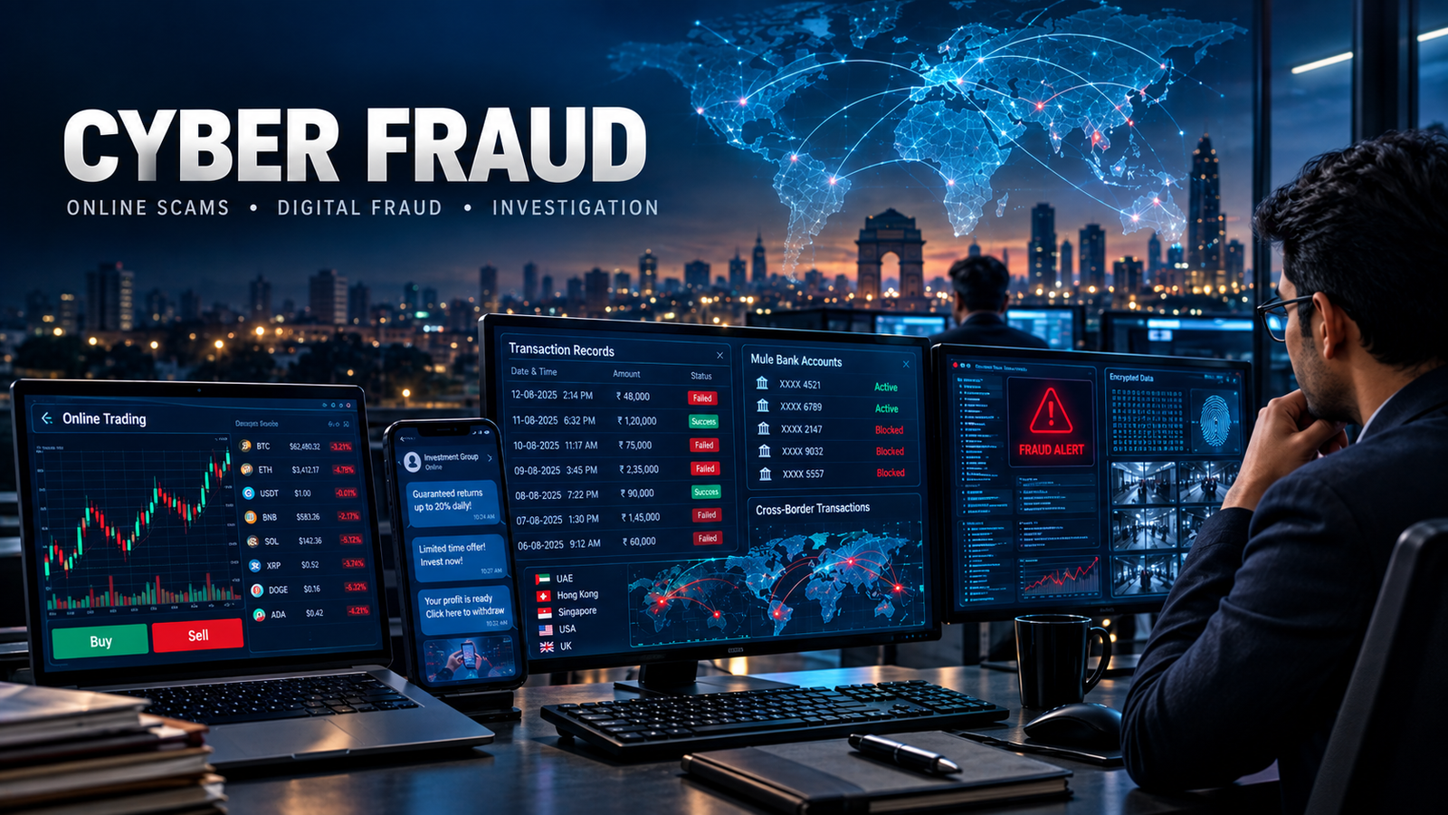 Cyber fraud investigation showing online trading scam, digital evidence and financial fraud networks in India