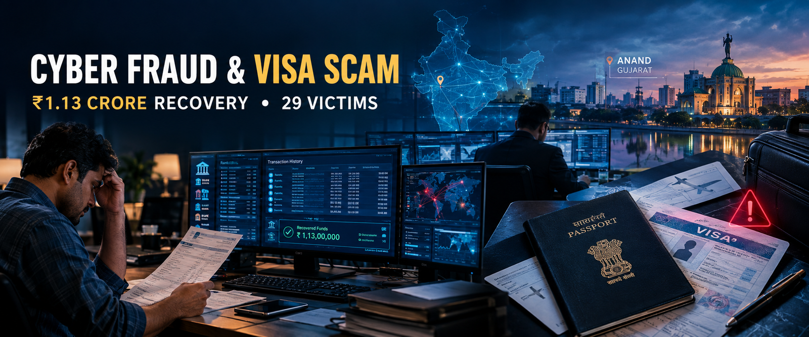 Anand cyber fraud investigation showing ₹1.13 crore recovery and visa fraud case with 29 victims