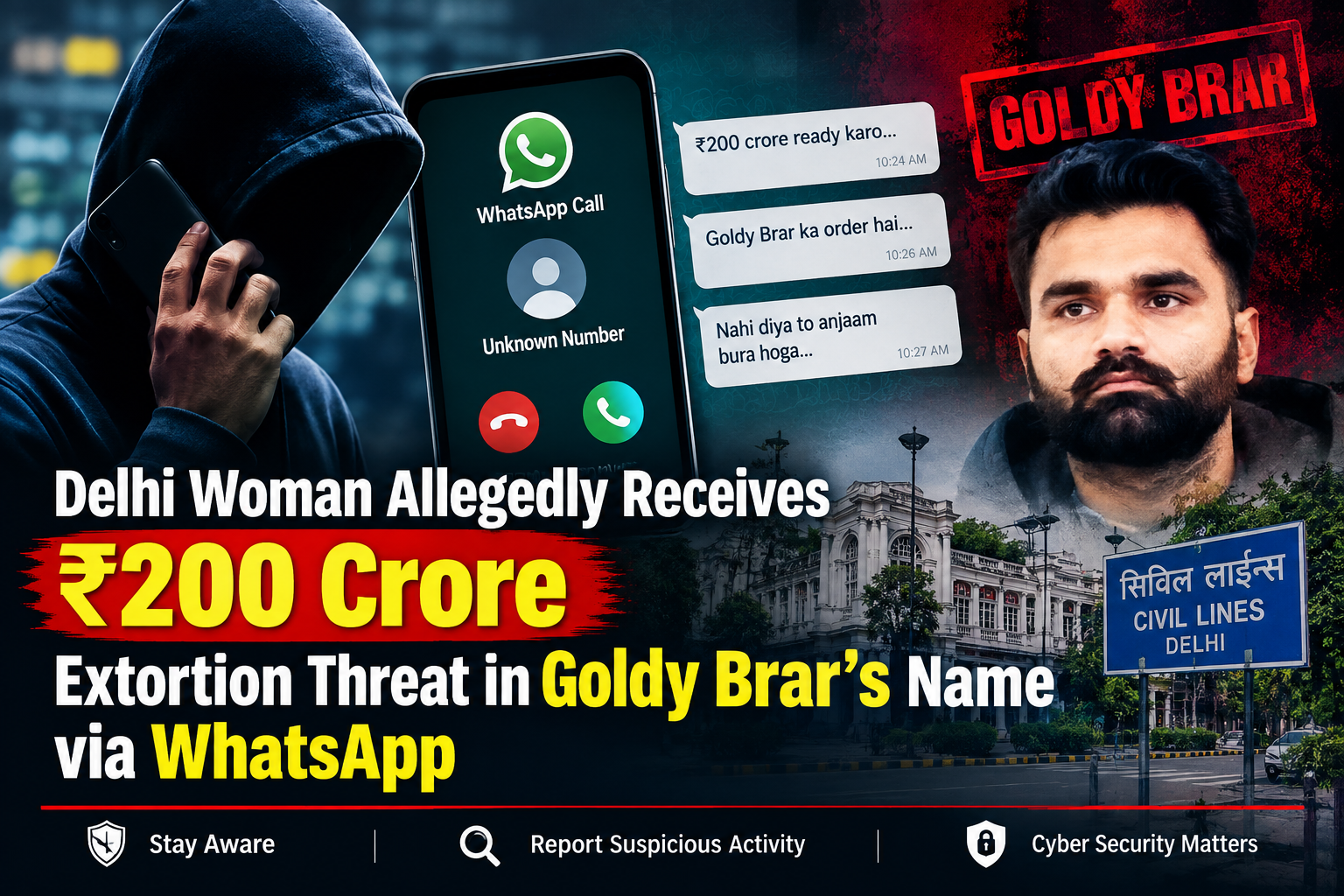 Delhi woman allegedly receives ₹200 crore extortion threat through WhatsApp in Civil Lines using Goldy Brar’s name