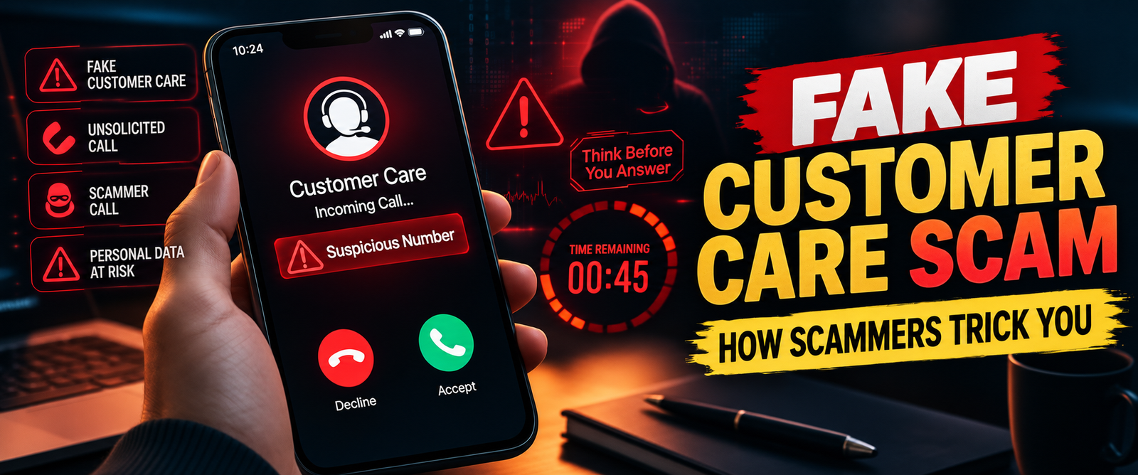 Fake customer care number scam warning on smartphone