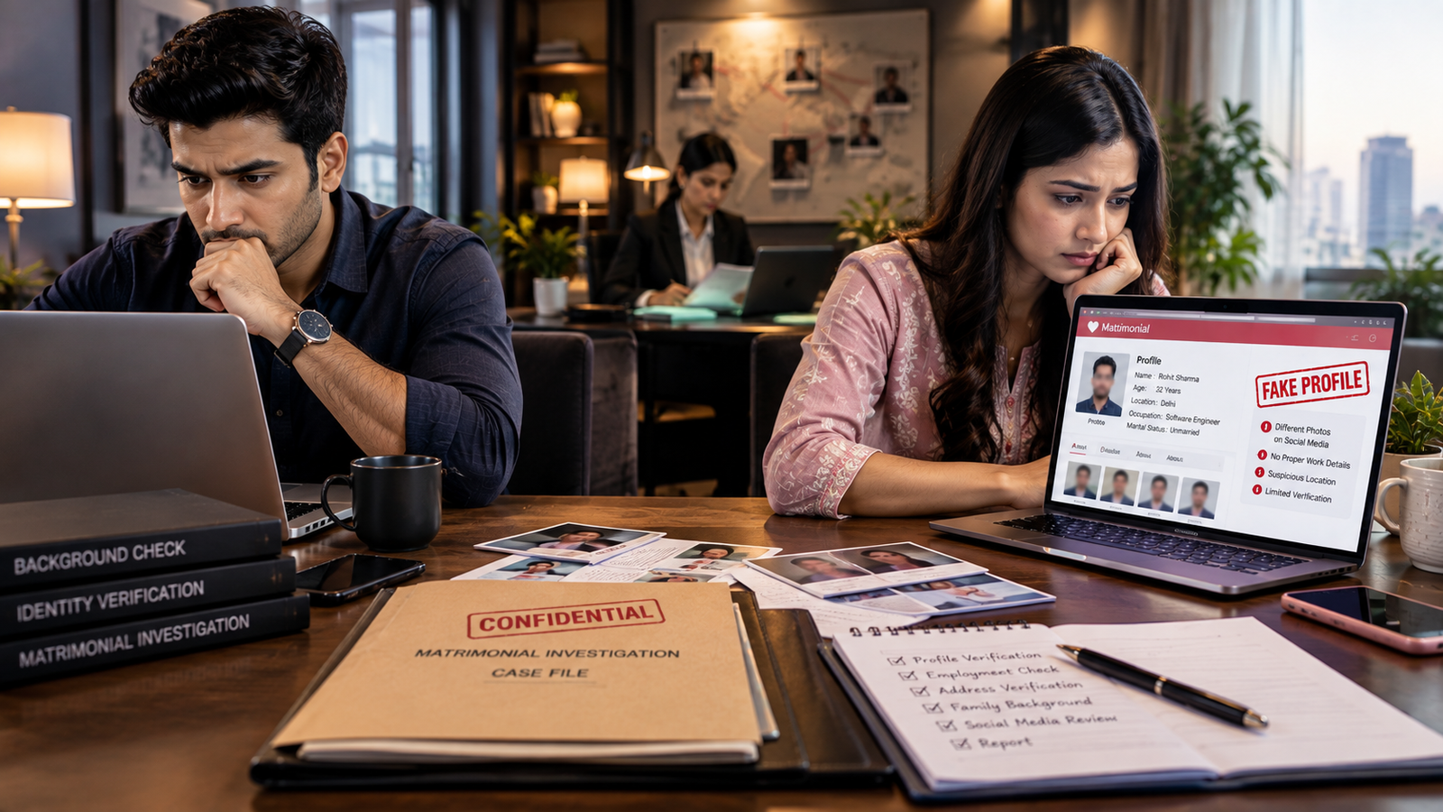 Matrimonial fraud and pre-marriage verification showing an Indian couple, matrimonial profile and investigation documents