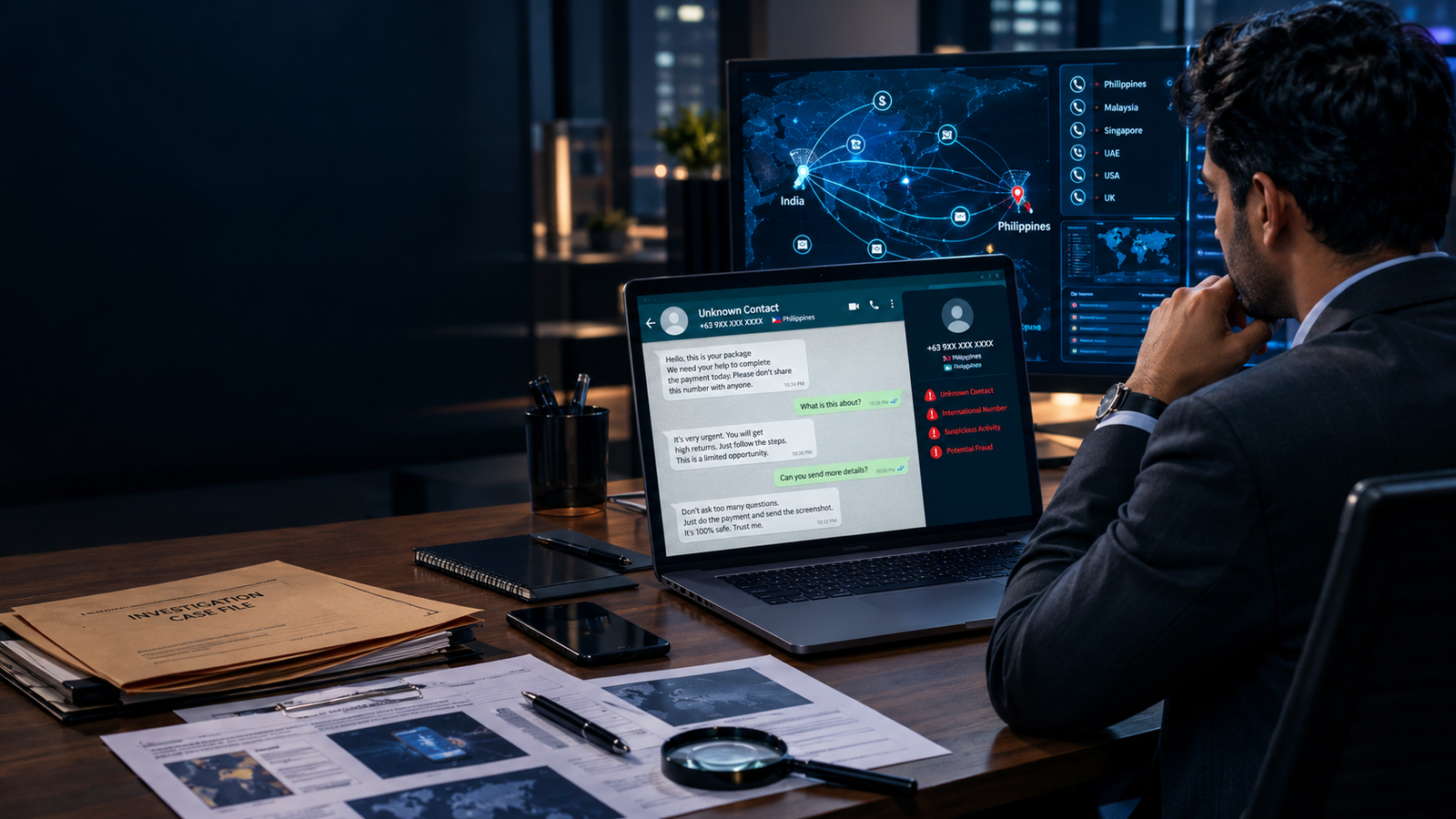 International cyber fraud investigation showing a Philippines-routed WhatsApp number and cross-border scam network