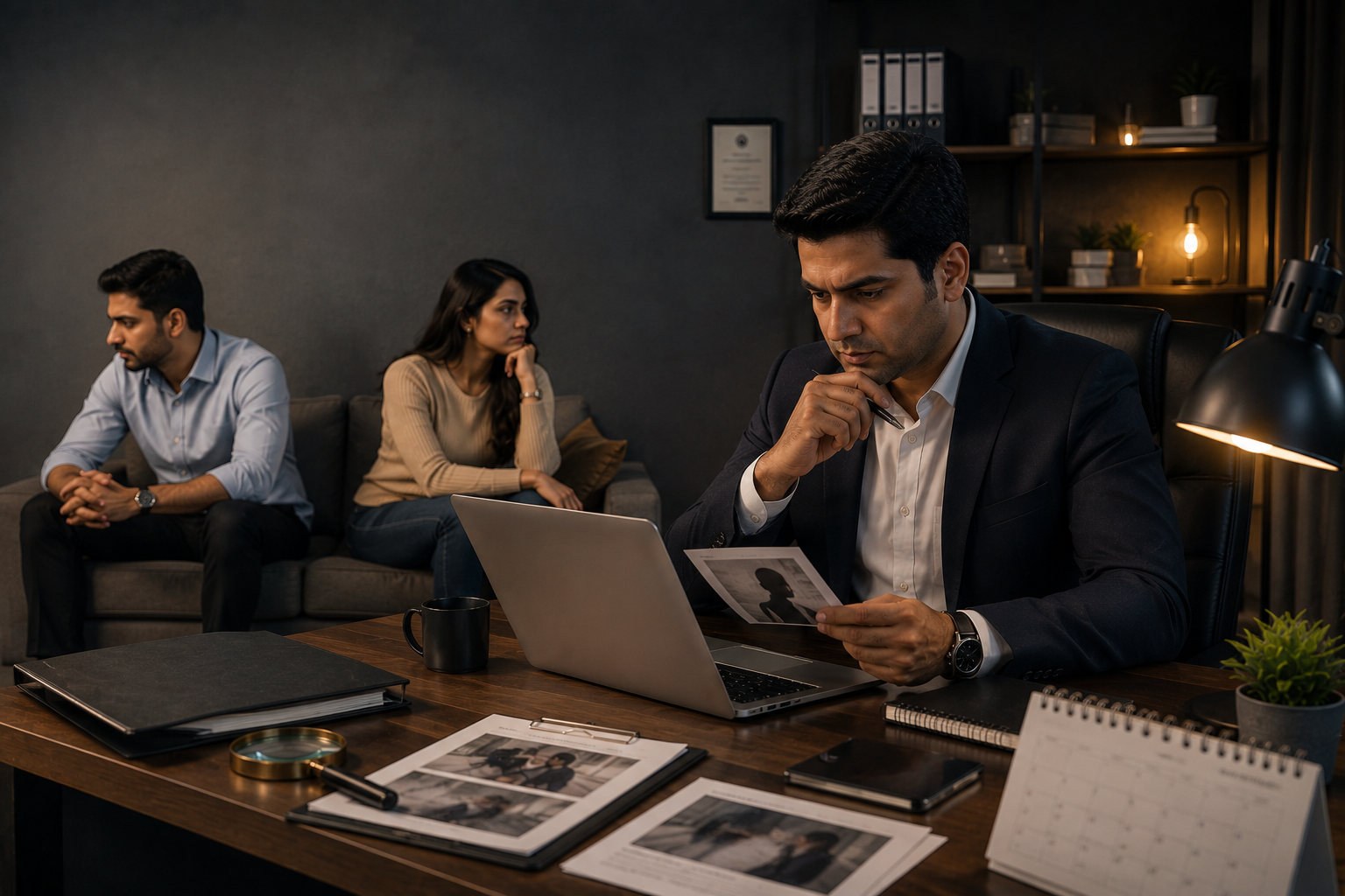 Private investigator reviewing relationship concerns with an Indian couple