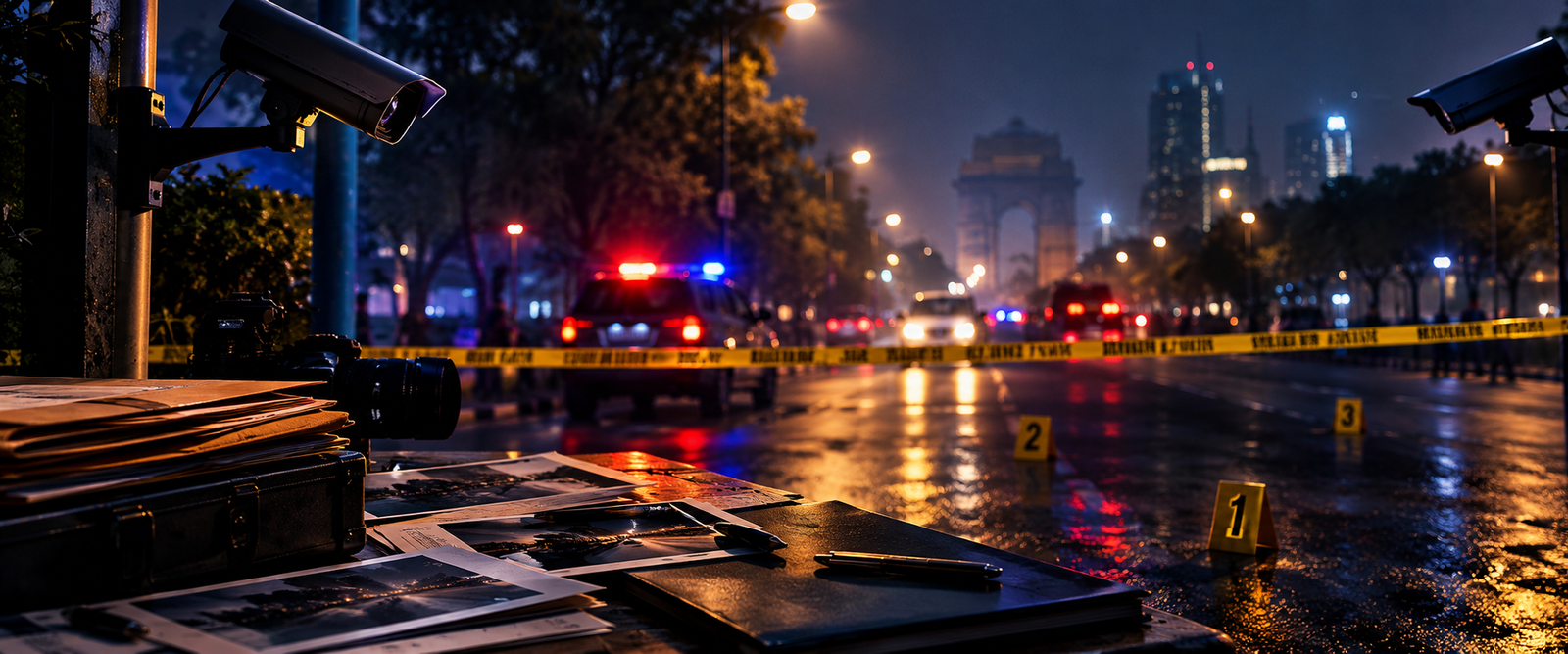 Crime investigation scene with CCTV and forensic elements in Delhi
